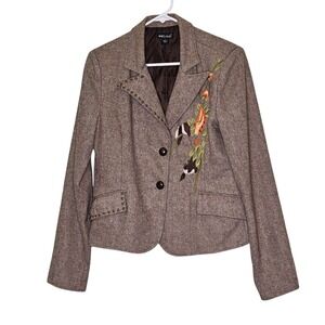 Wet Seal Vintage Y2K 90s Women L Wool Herringbone Embroidered Bird Blazer Jacket